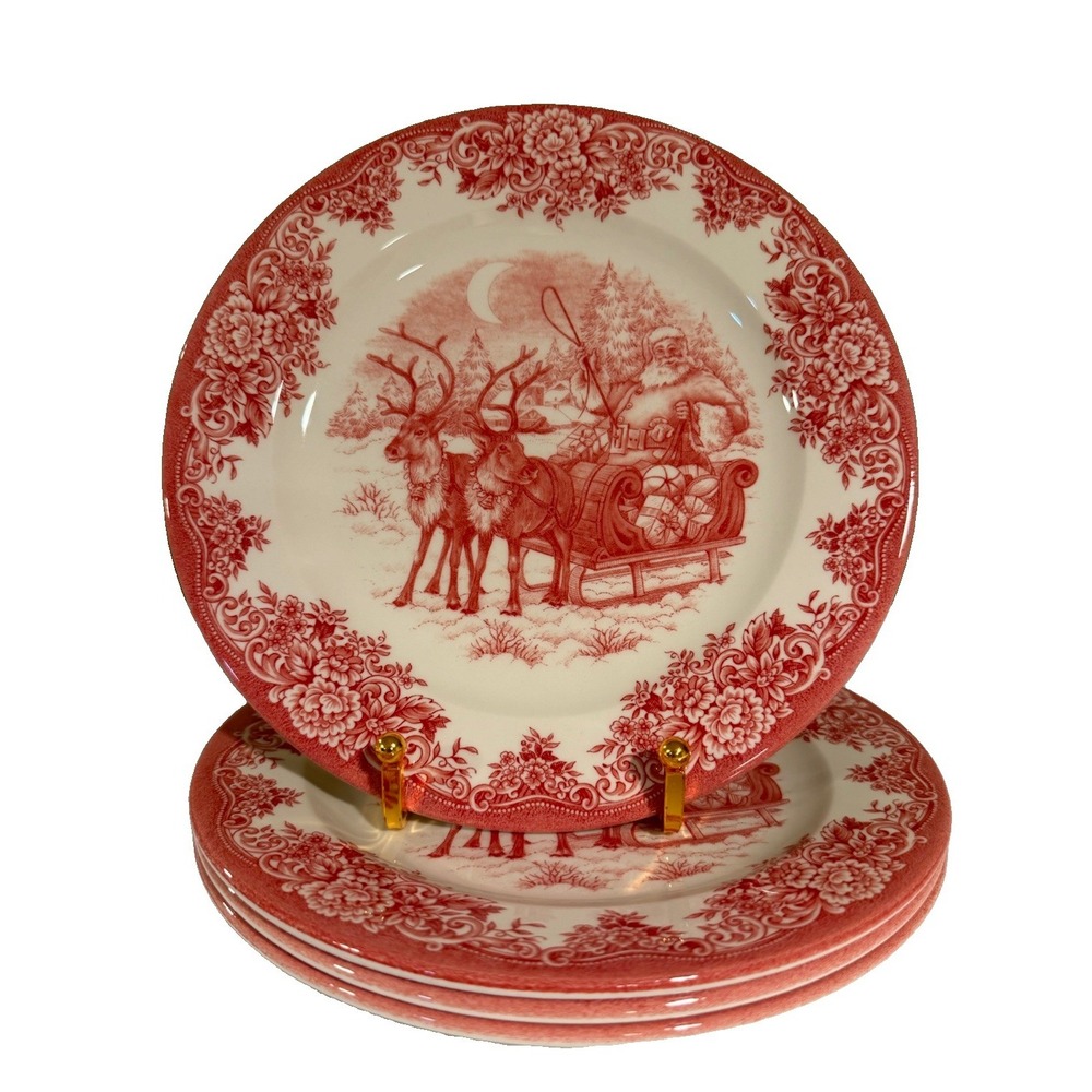 Royal Stafford Christmas SANTA'S SLEIGH RED Porcelain 8" Salad Plate Set of 4
